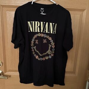 NIRVANA Black Tee with Gold and Floral Design